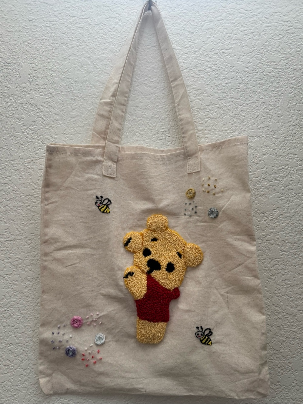 Handmade Punch Needle Winnie Pooh Tote Bag Embroidered Canvas Bag